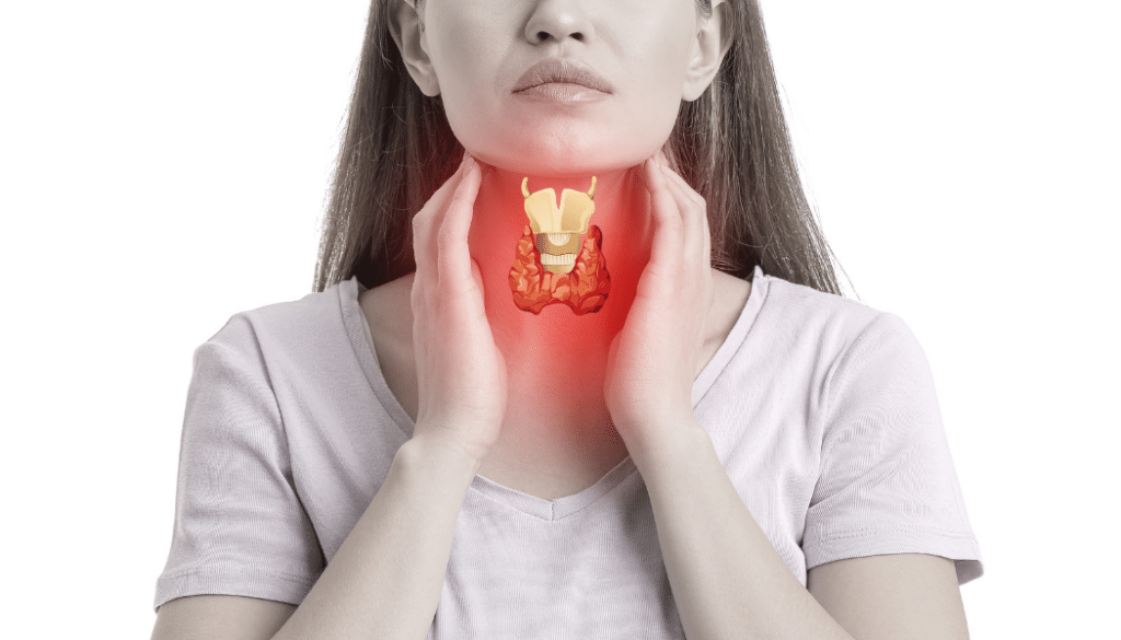 Image of woman touching her throat, with a graphics image of a thyroid.